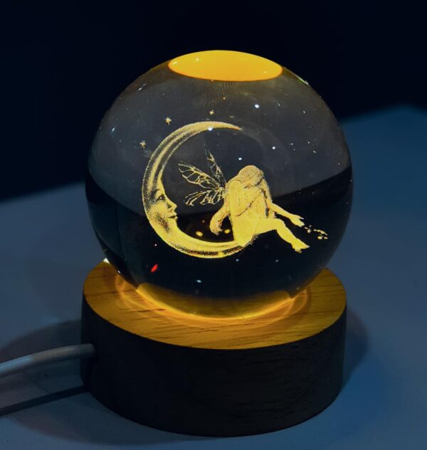 Angel 3D Crystal Ball Night Light – LED Lamp with Wooden Base (60mm)