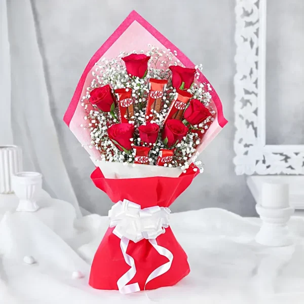 Elegant Red Roses & KitKat Bouquet